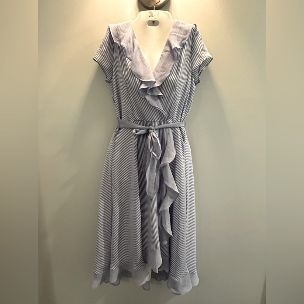 Julian Taylor Faux wrap ruffle belted cap sleeve blue and white stripe d…